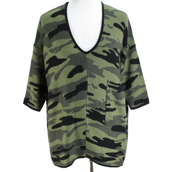 Kerisma Sweater Womens Size S/M Green Camo 3/4 Sleeve V Neck Oversized Pullover - Picture 1 of 7